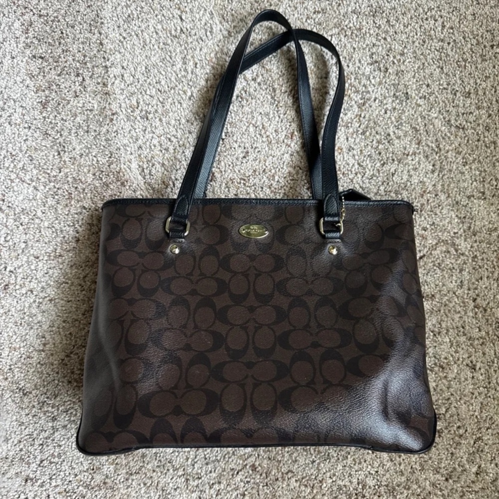 Coach Zip Top Tote Bag In Signature Canvas Black/Walnut/Gold 
Style code -F34603 - Picture 2 of 14